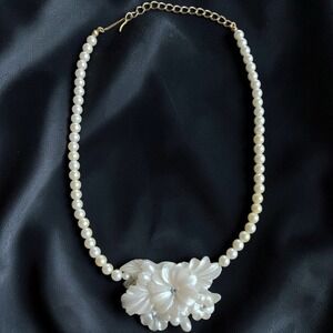 1991 Avon Frosted Petal Necklace Faux Pearl Floral Lucite Rhinestone Vintage